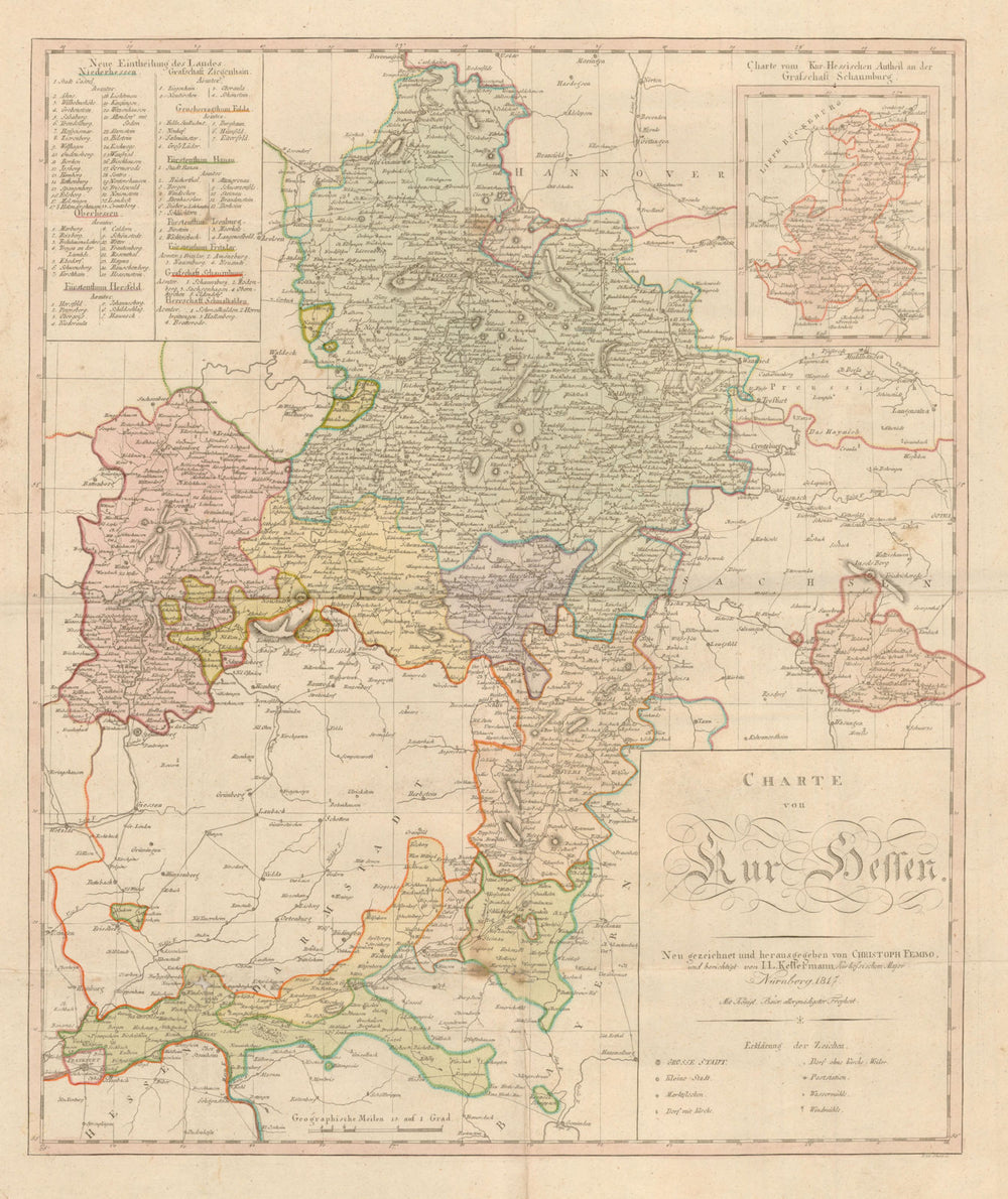 'Charte von Kur Hessen' by Christoph Fembo. Kurhessen Germany 1817 old map