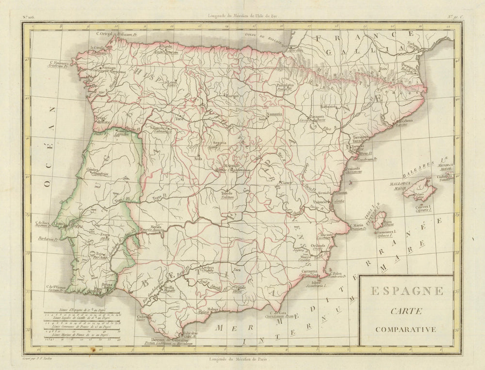 'Espagne Carte Comparative'. Mentelle/Chanlaire. Modern & Roman Spain c1798 map