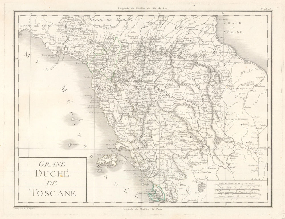 'Grand Duché de Toscane' by Mentelle/Chanlaire. Grand Duchy of Tuscany c1798 map