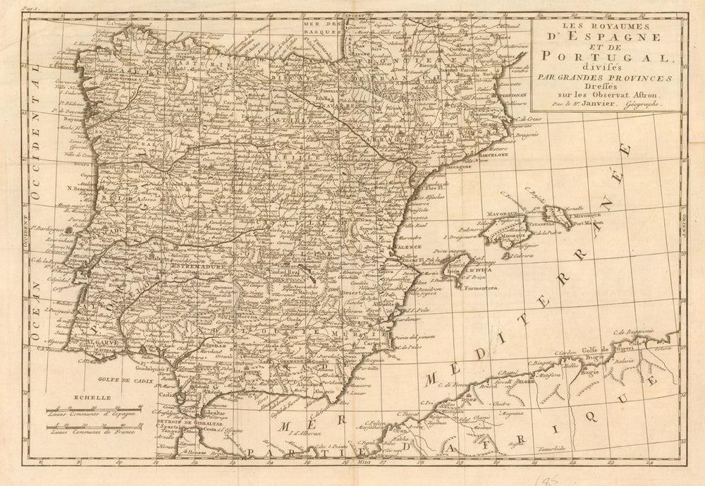 'Les Royaumes d'Espagne et de Portugal…' by Jean Janvier. Spain Iberia c1762 map