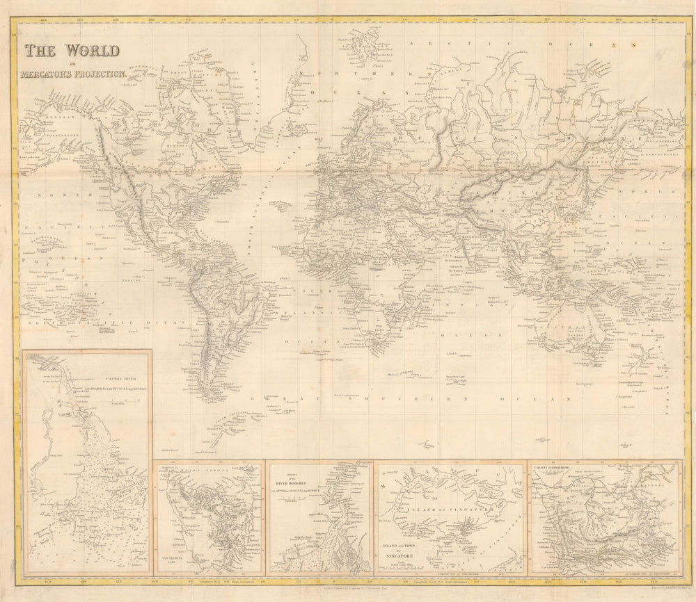 'World on Mercator's Projection'. HALL. Singapore town/island inset 1841 map