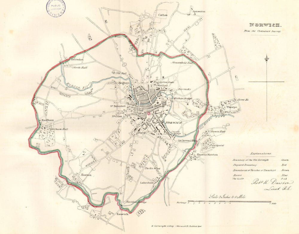 NORWICH town/borough/city plan. REFORM ACT. Catton. Norfolk. DAWSON 1832 map