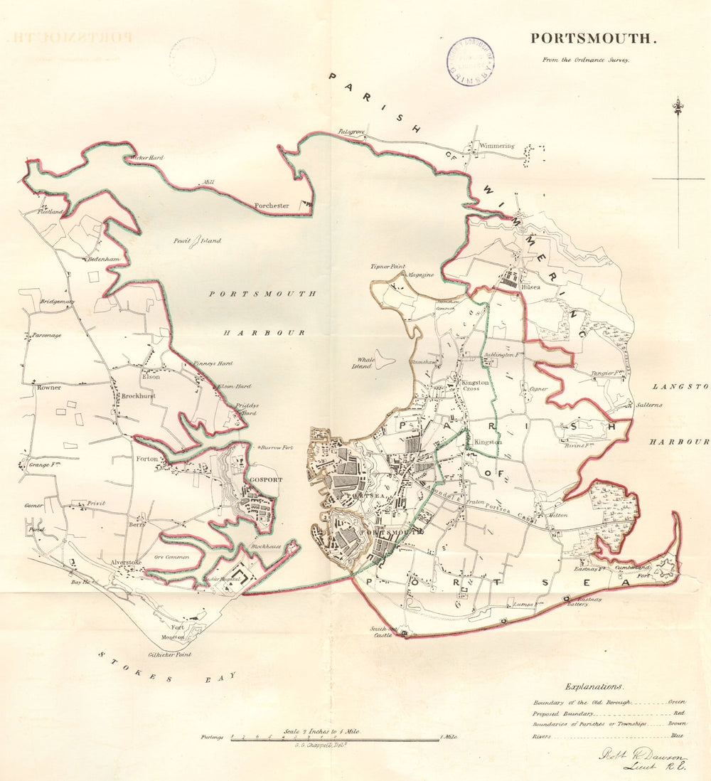 PORTSMOUTH town/borough/city plan Gosport & harbour. REFORM ACT. DAWSON 1832 map