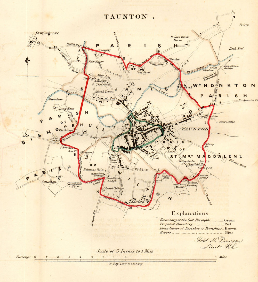 TAUNTON town/borough plan. REFORM ACT. Staplegrove. Somerset. DAWSON 1832 map
