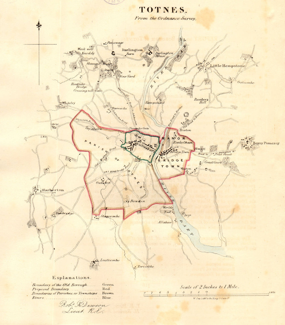 TOTNES borough/town plan. REFORM ACT. River Dart, Devon. DAWSON 1832 old map