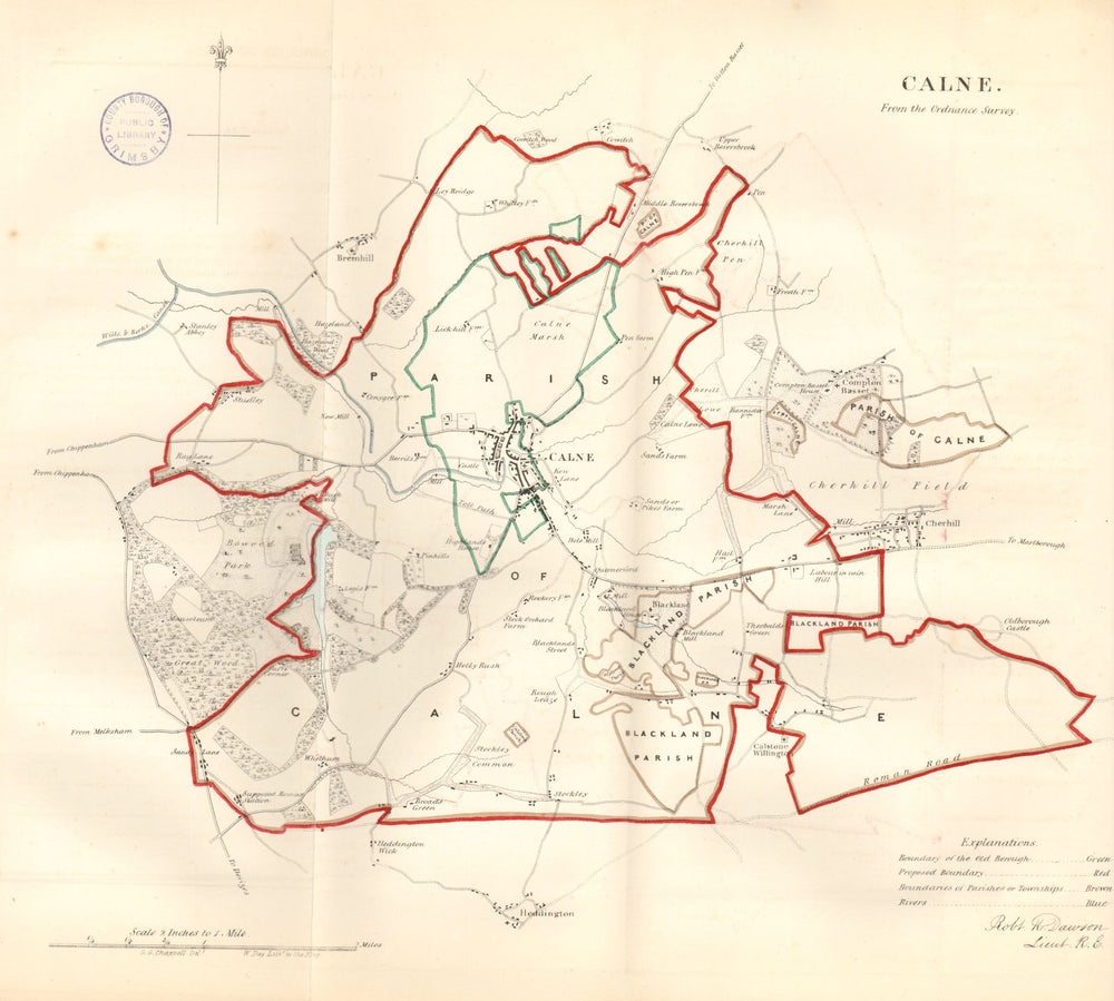 CALNE town/borough plan. REFORM ACT. Cherhill. Wiltshire. DAWSON 1832 old map