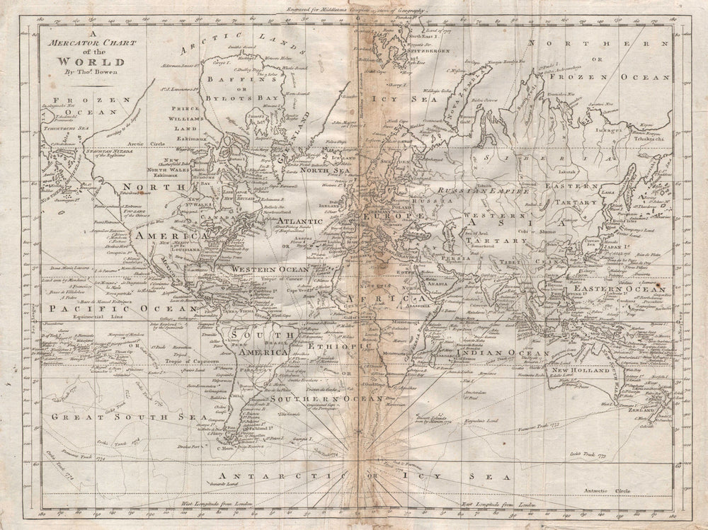 "A Mercator chart of the World by Thomas Bowen" 1779 old antique map
