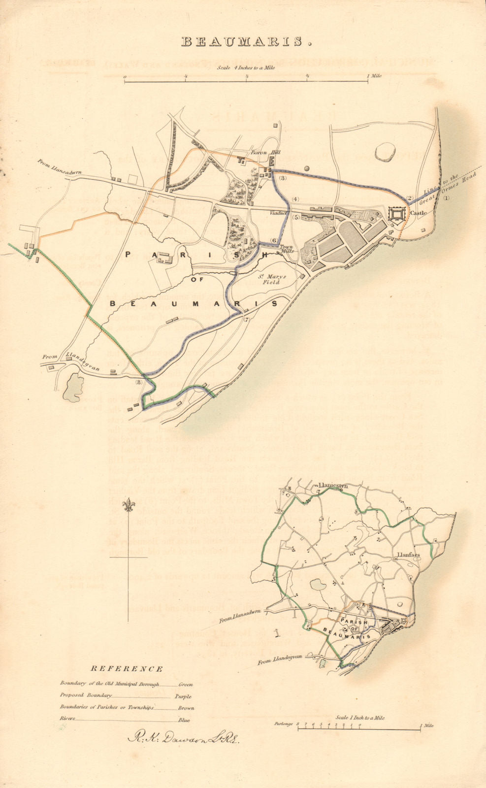 BEAUMARIS borough/town plan. BOUNDARY REVIEW. Wales. DAWSON 1837 old map