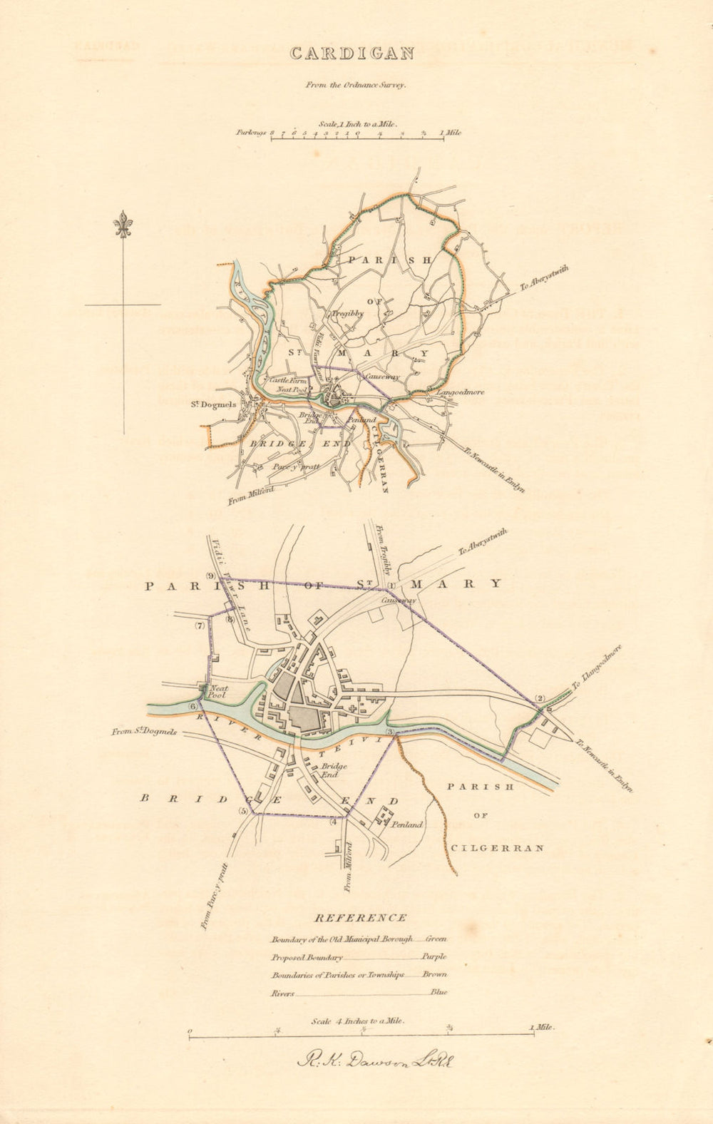 CARDIGAN borough/town plan. BOUNDARY REVIEW. Wales. DAWSON 1837 old map