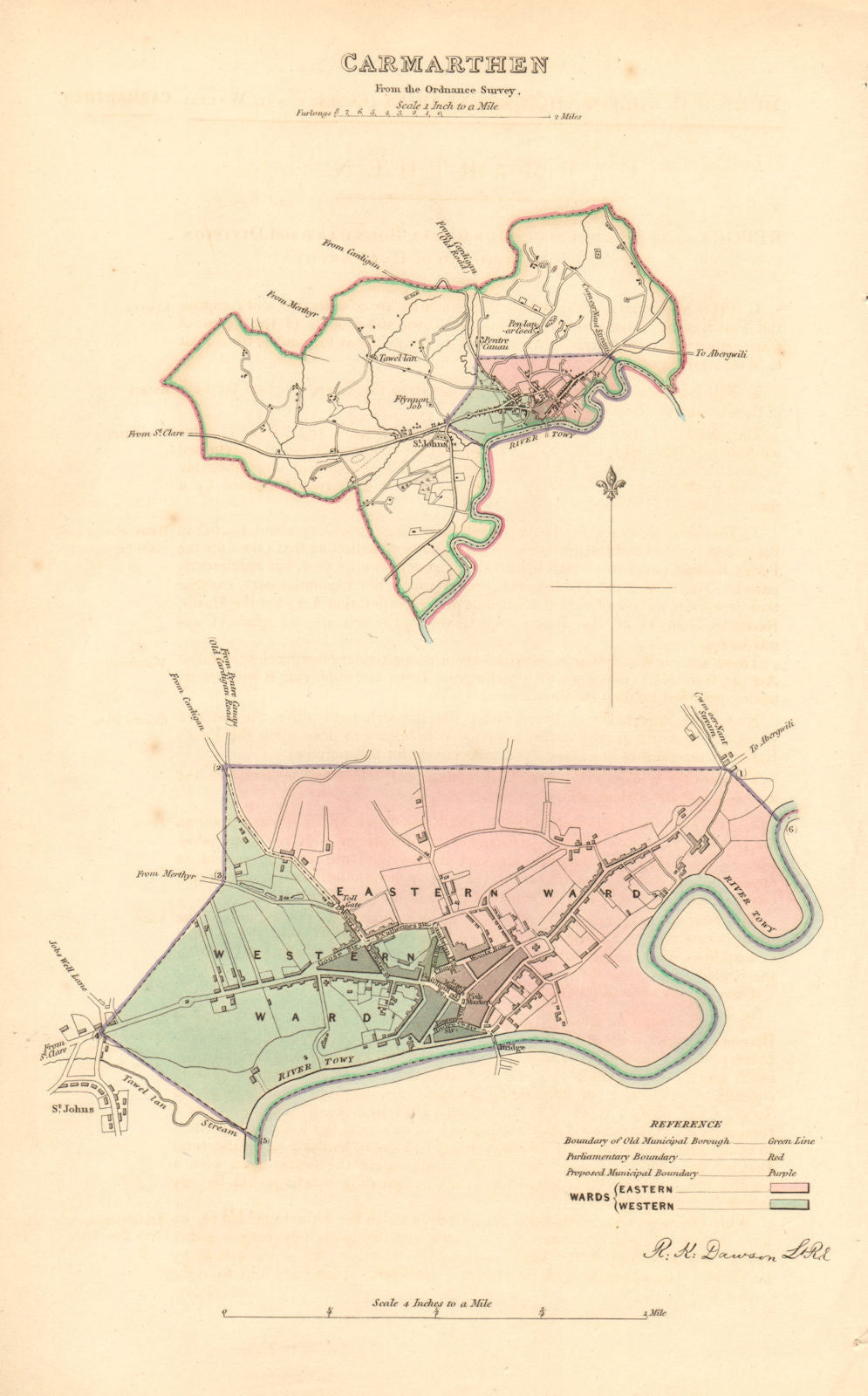 CARMARTHEN borough/town plan. BOUNDARY REVIEW. Wales. DAWSON 1837 old map