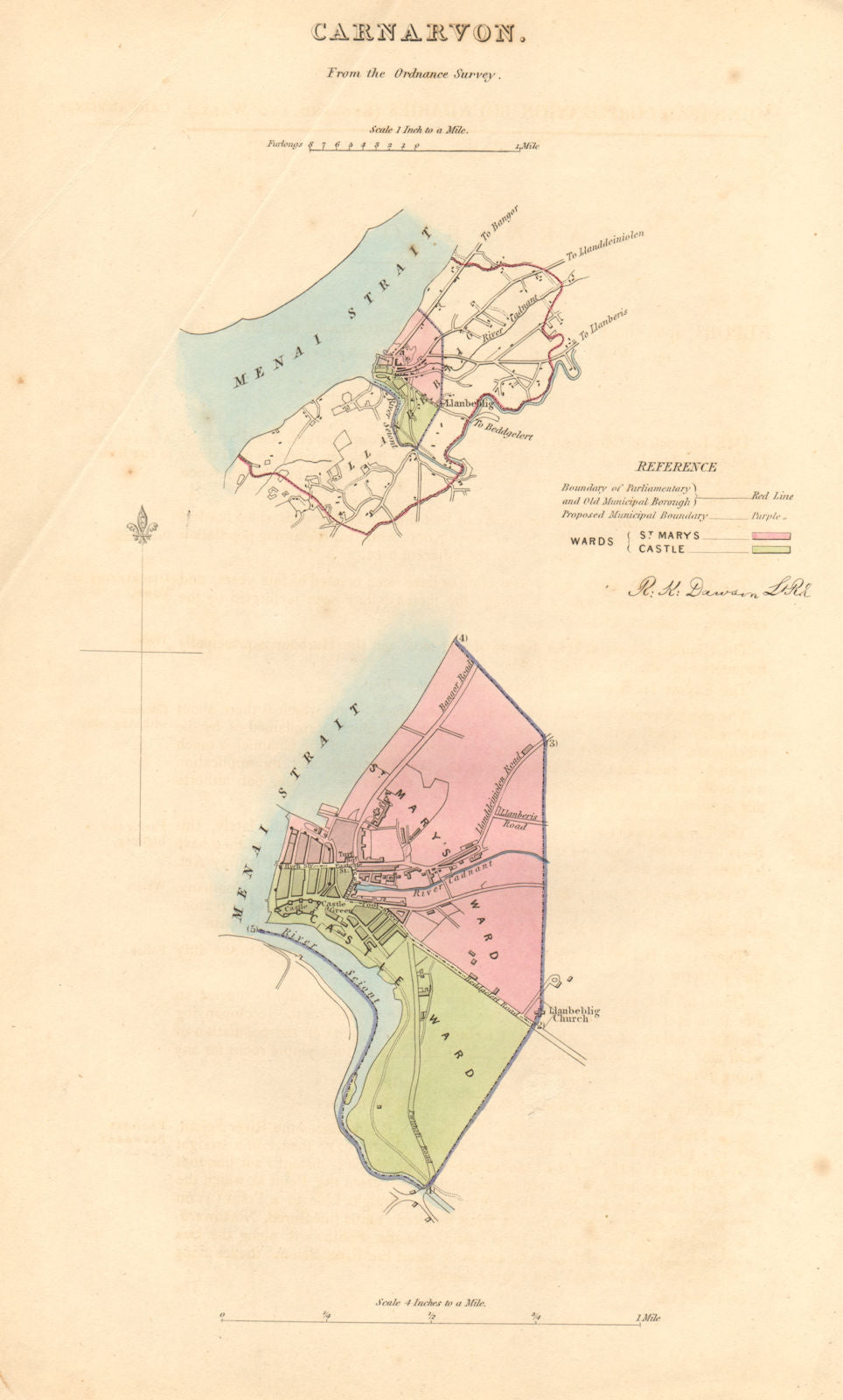 CARNARVON/CAERNARFON borough/town plan. BOUNDARY REVIEW. Wales. DAWSON 1837 map