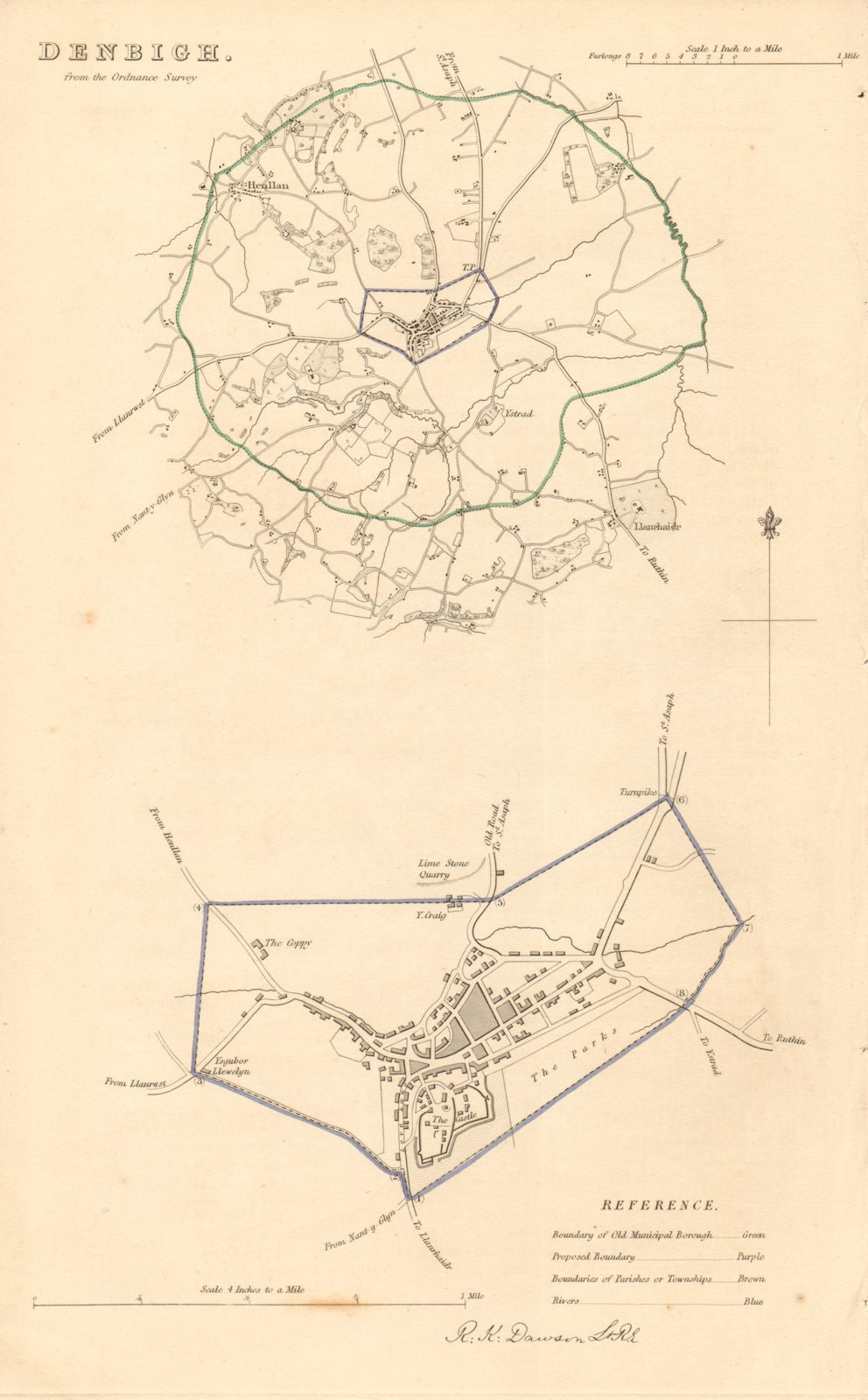 DENBIGH borough/town plan. BOUNDARY REVIEW. Wales. DAWSON 1837 old antique map