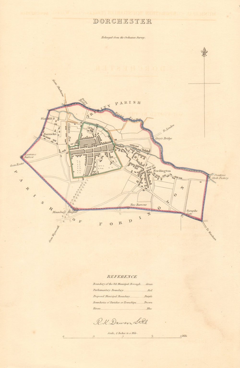 DORCHESTER borough/town plan. BOUNDARY REVIEW. Dorset. DAWSON 1837 old map