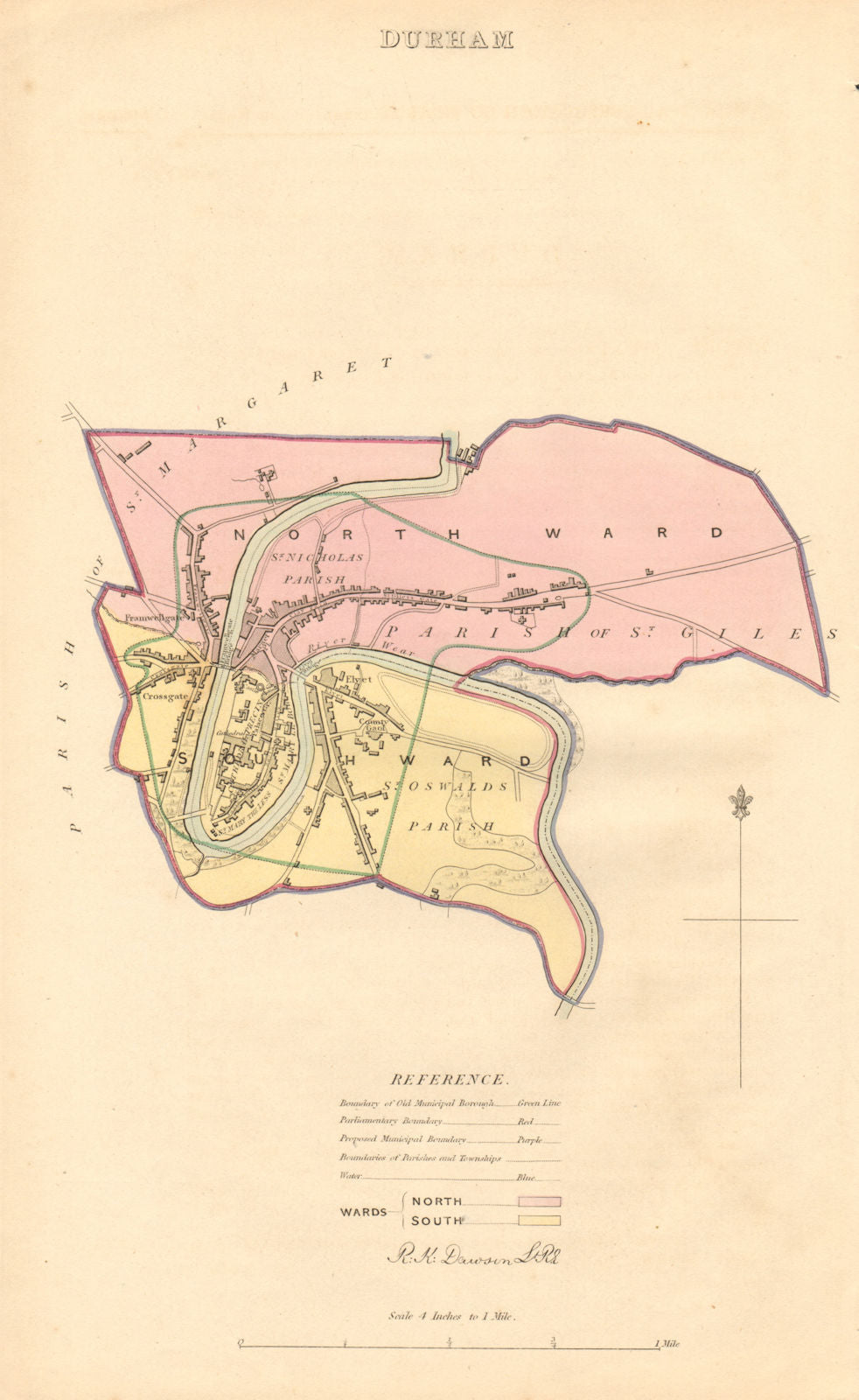 DURHAM borough/town plan. BOUNDARY REVIEW. Durham. DAWSON 1837 old antique map