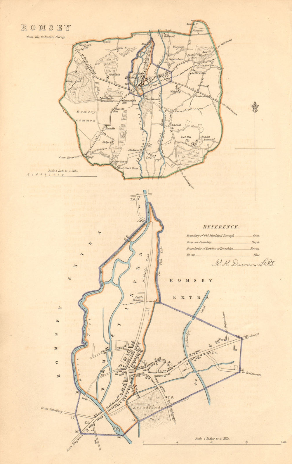 ROMSEY borough/town plan. BOUNDARY REVIEW. Hampshire. DAWSON 1837 old map