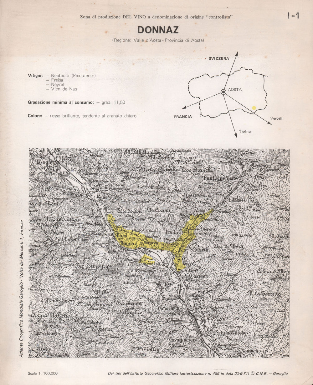 Italy wine. Donnaz DOC. Donnas. Valle d’Aosta 1976 old vintage map plan chart