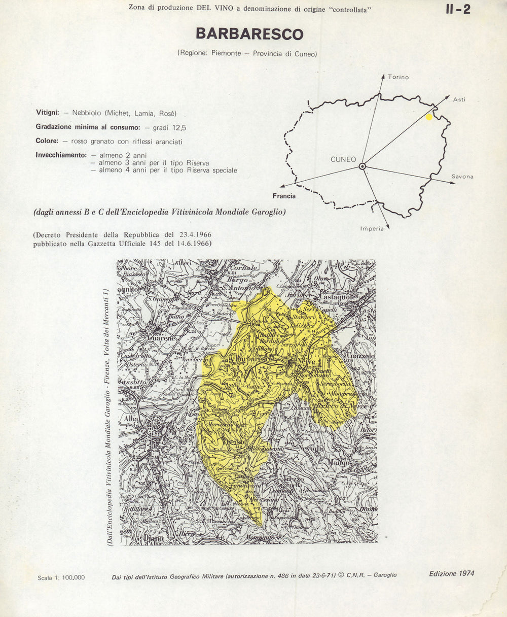 Italy wine. Barbaresco DOC. Piemonte. Cuneo 1976 old vintage map plan chart