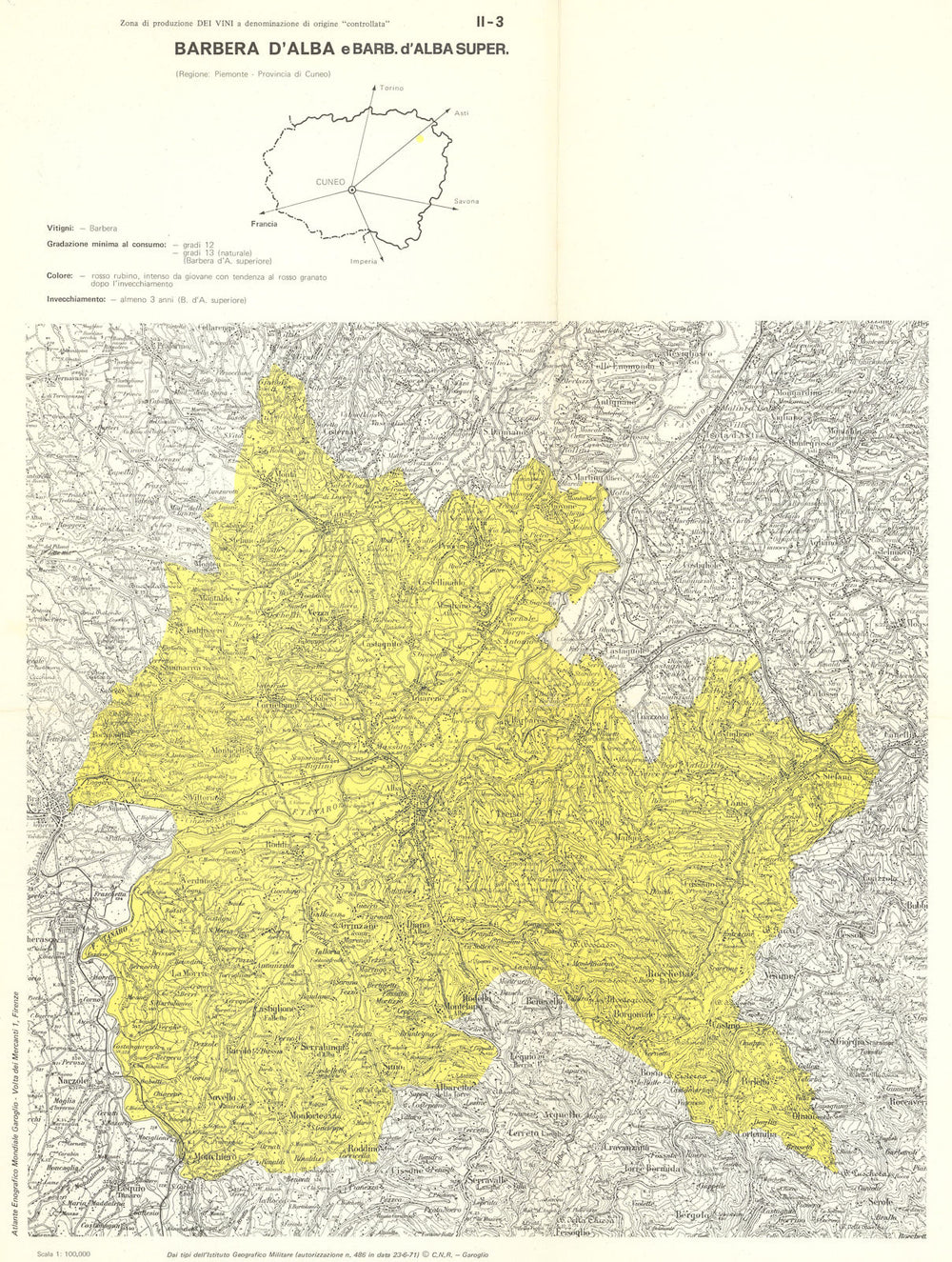 Italy wine. Barbera d'Alba & Superiore DOC. Piemonte. Cuneo 1976 old map