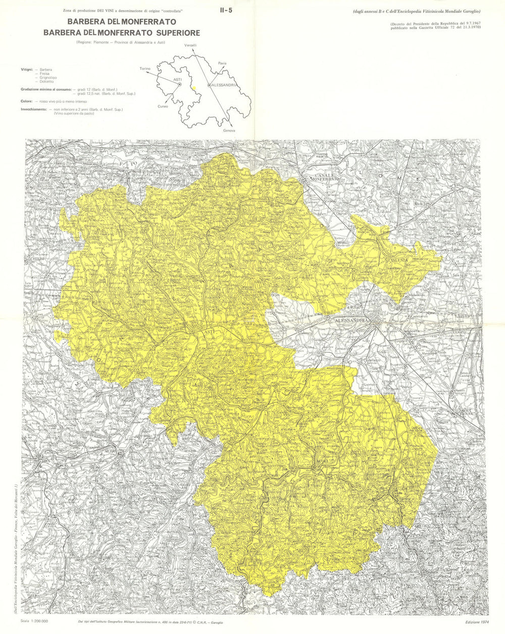 Italy wine. Barbera del Monferrato DOC. Piemonte. Alessandria e Asti 1976 map