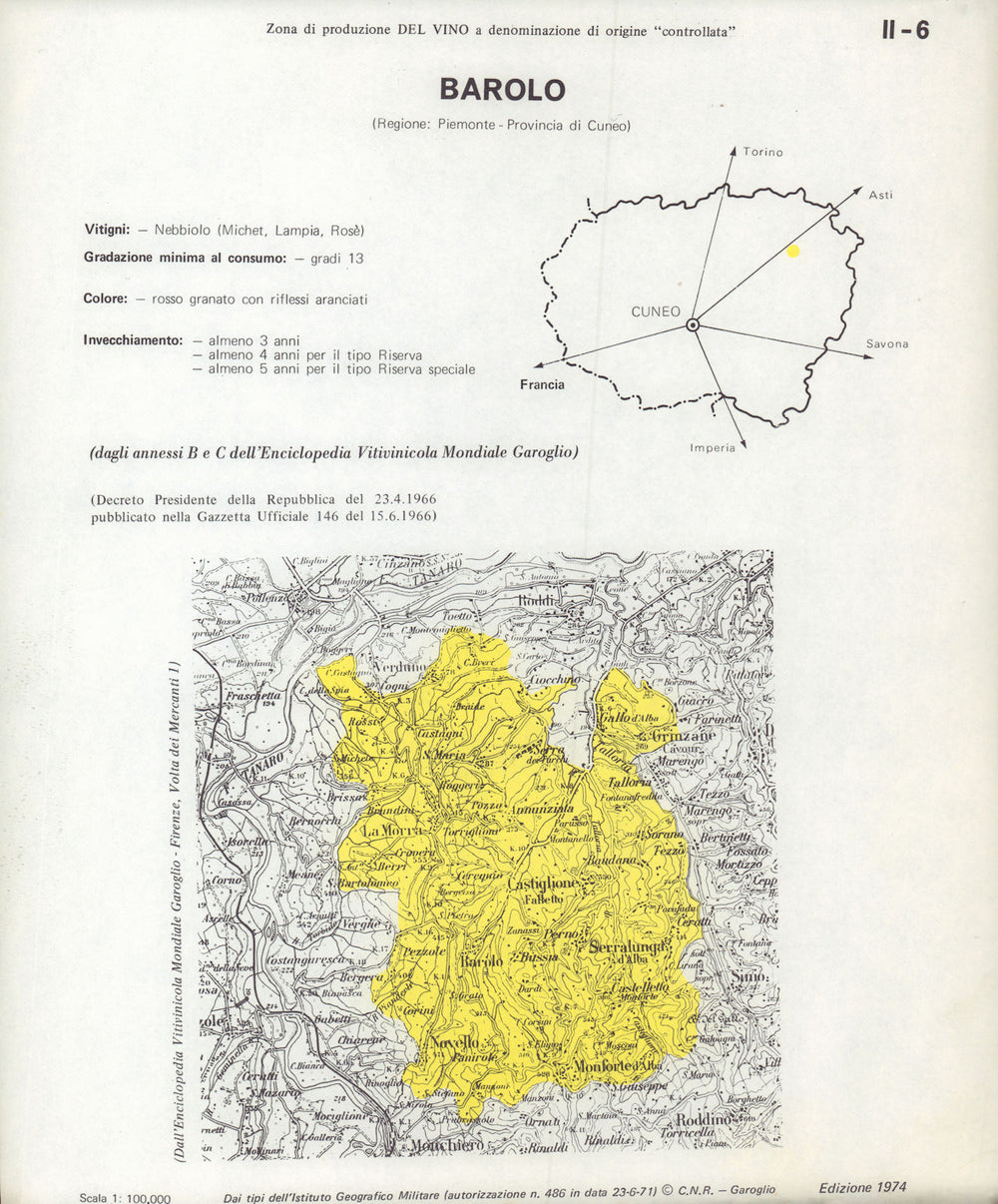 Italy wine. Barolo DOC. Piemonte. Cuneo 1976 old vintage map plan chart