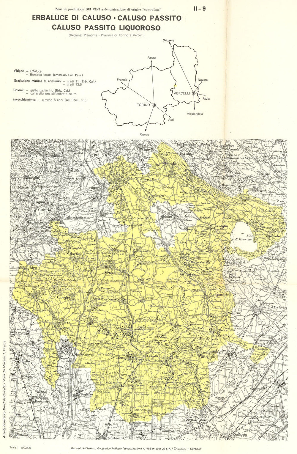 Italy wine. Erbaluce di Caluso Passito Liquoroso DOC. Piemonte Torino 1976 map