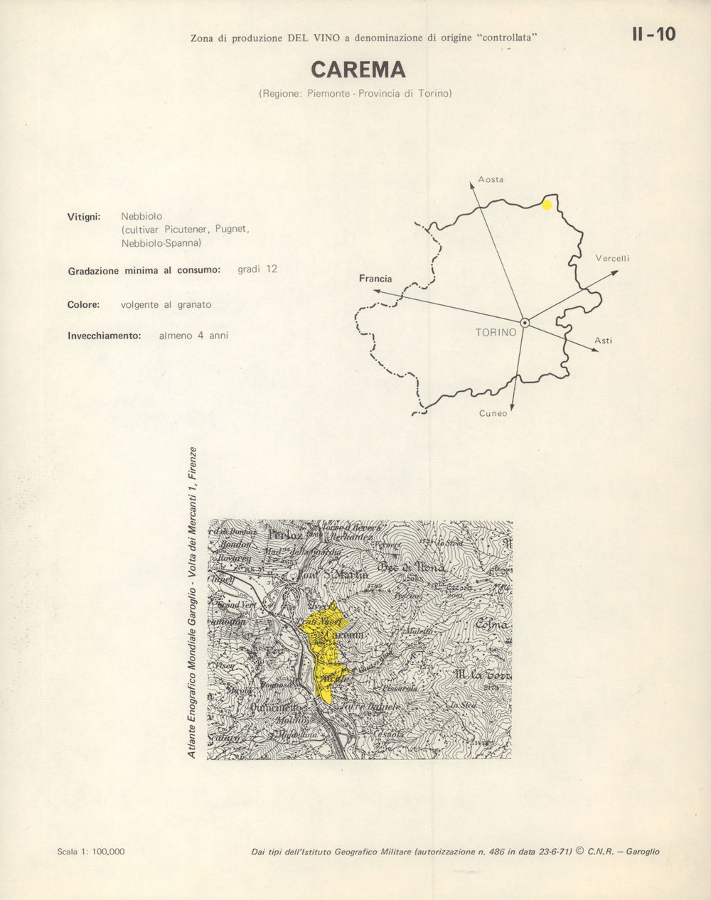 Italy wine. Carema DOC. Piemonte. Torino 1976 old vintage map plan chart