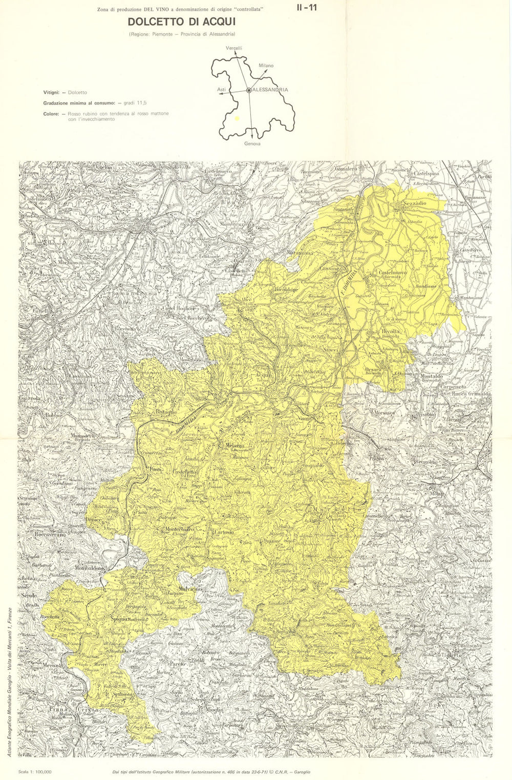 Italy wine. Dolcetto di Acqui DOC. Piemonte. Alessandria 1976 old vintage map