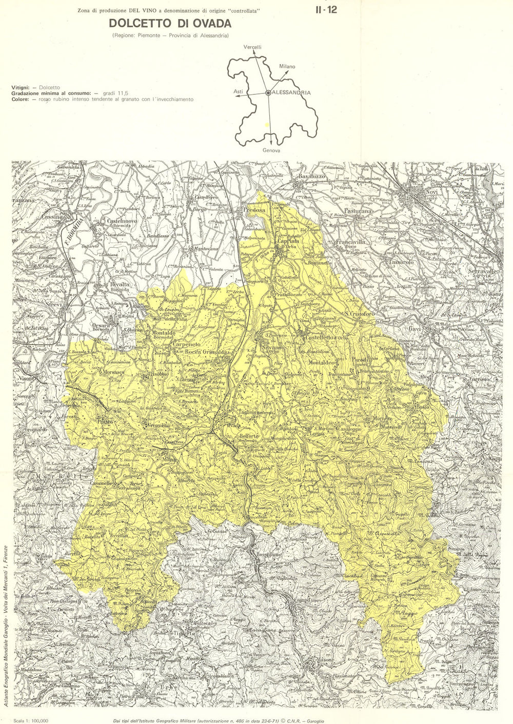 Italy wine. Dolcetto di Ovada DOC. Piemonte. Alessandria 1976 old vintage map