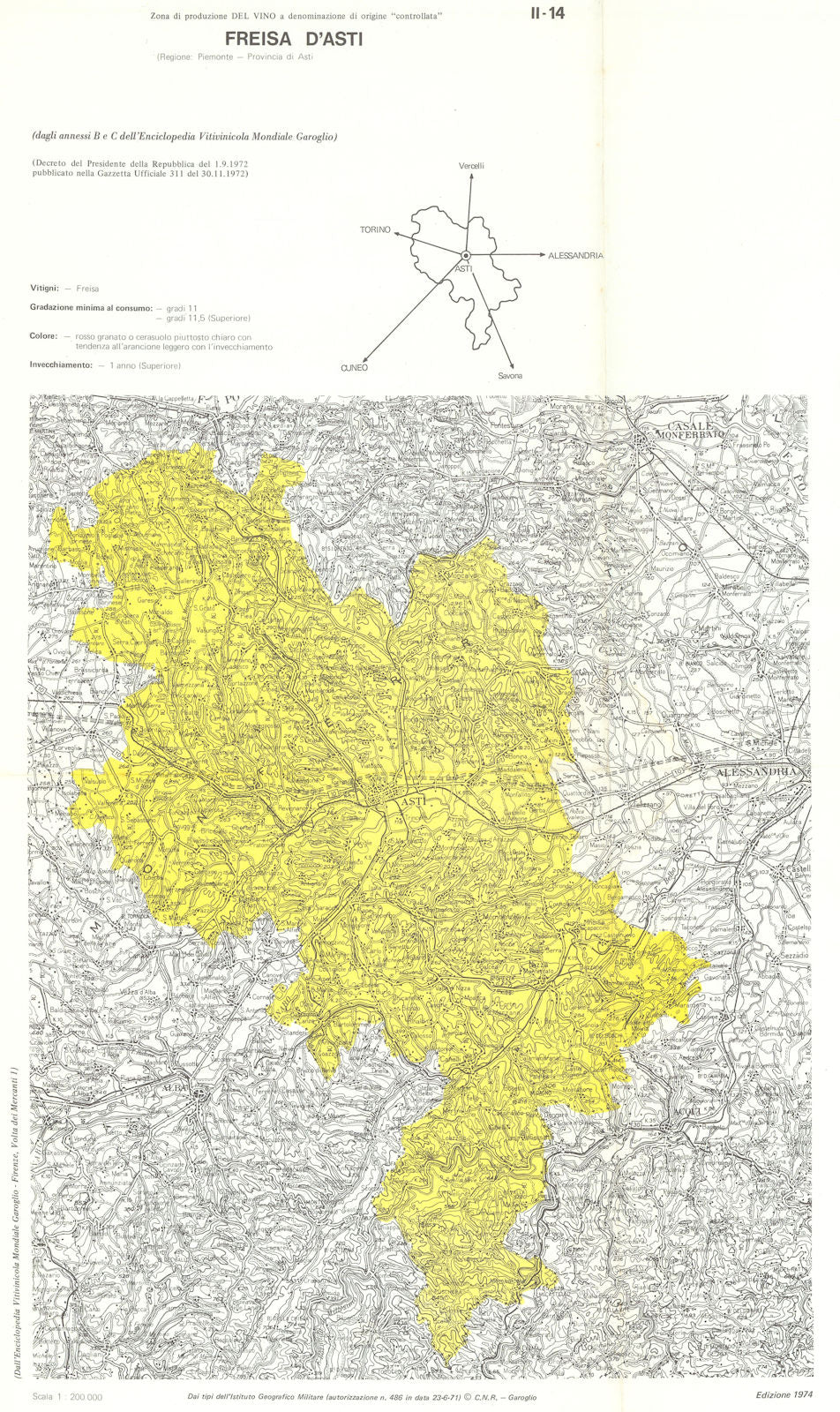 Italy wine. Freisa d'Asti DOC. Piemonte. Asti 1976 old vintage map plan chart