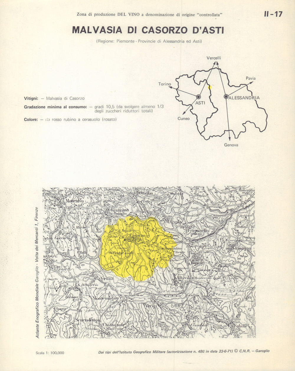 Italy wine. Malvasia di Casorzo d'Asti DOC. Piemonte. Alessandria 1976 old map