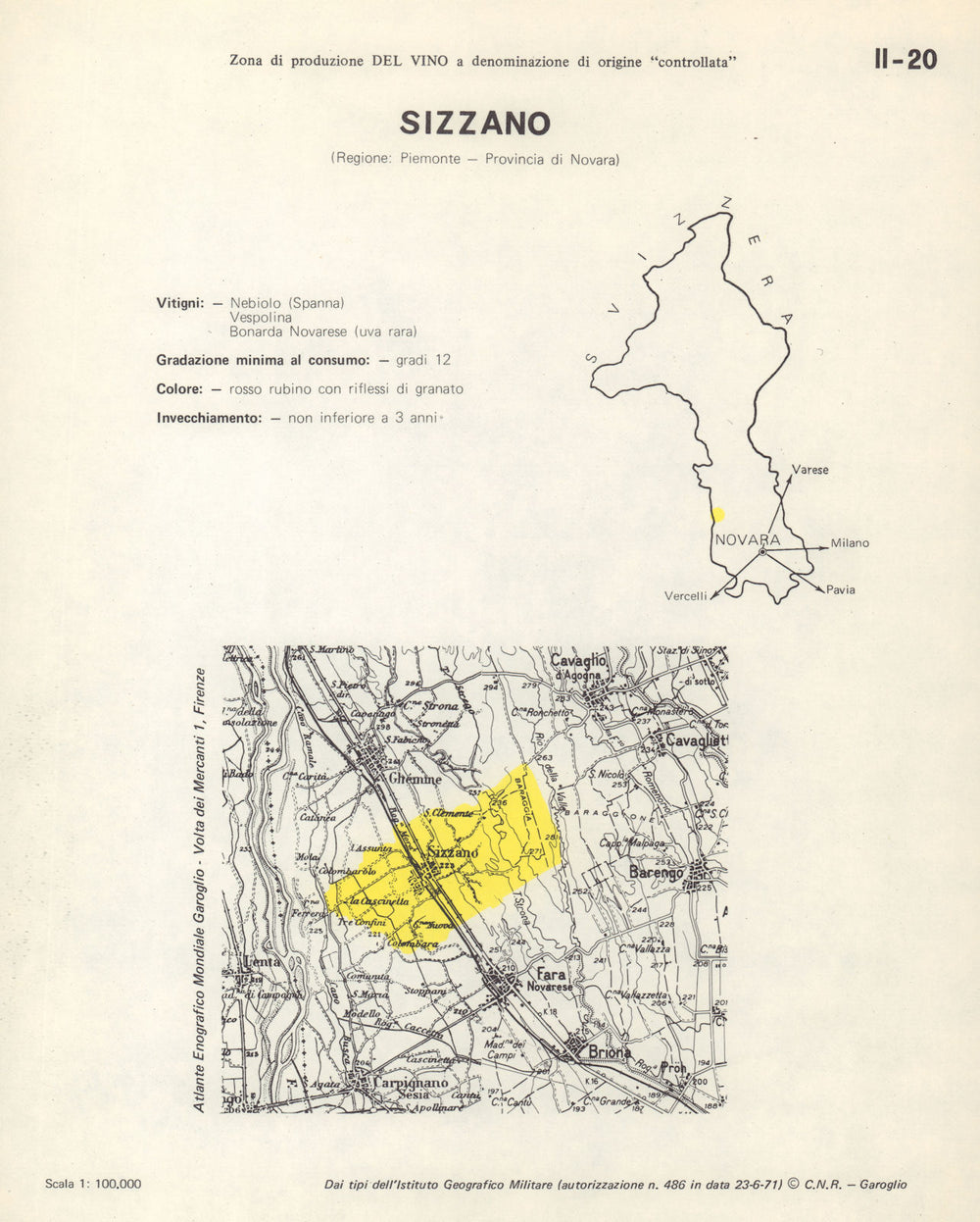 Italy wine. Sizzano DOC. Piemonte. Novara 1976 old vintage map plan chart