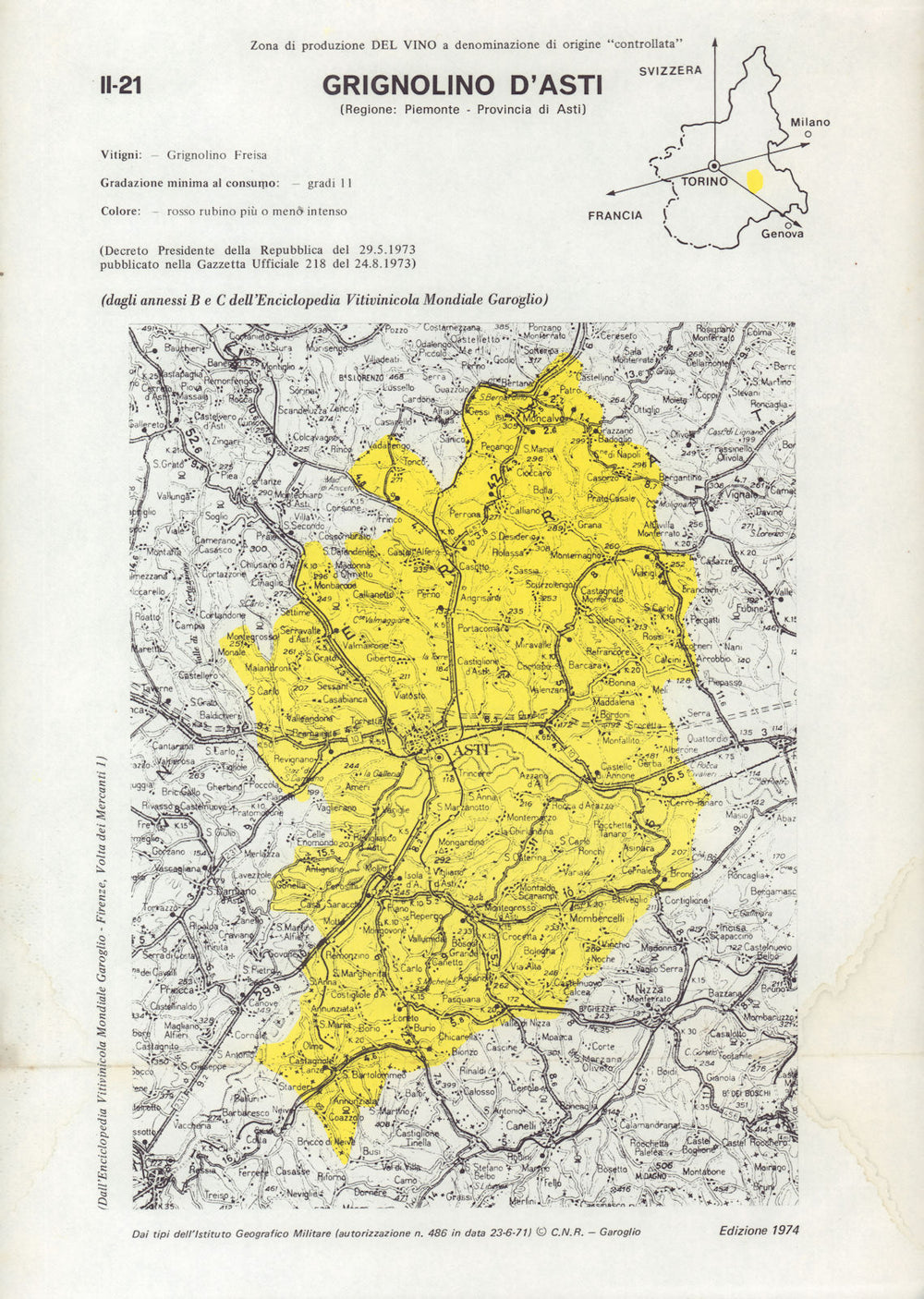 Italy wine. Grignolino d'Asti DOC. Piemonte. Asti 1976 old vintage map chart