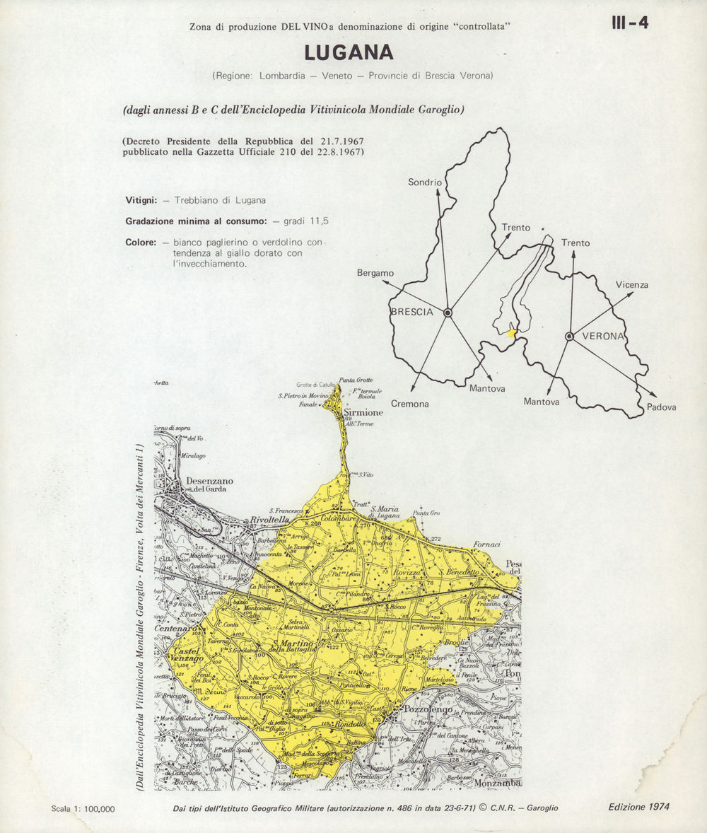 Italy wine. Lugana DOC. Lombardia. Brescia Verona 1976 old vintage map chart