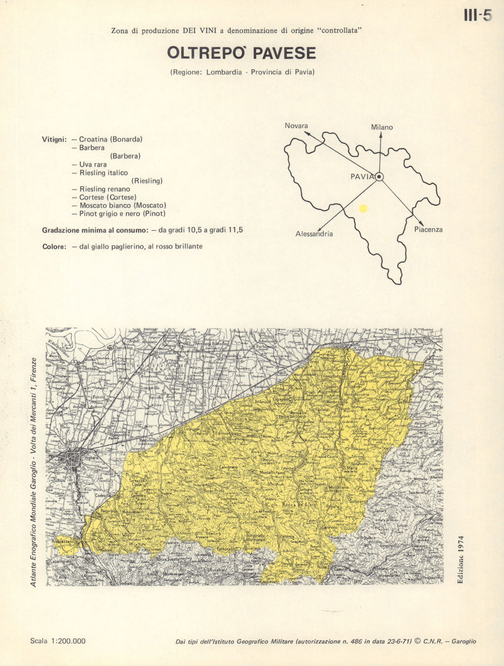 Italy wine. Oltrepo Pavese DOC. Lombardia. Pavia 1976 old vintage map chart
