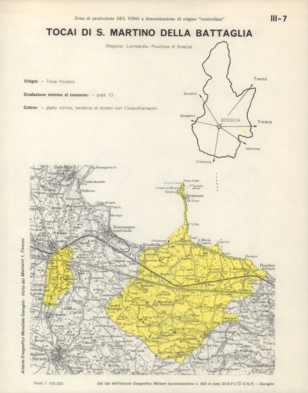 Italy wine. Tocai di San Martino della Battaglia DOC. Lombardia Brescia 1976 map