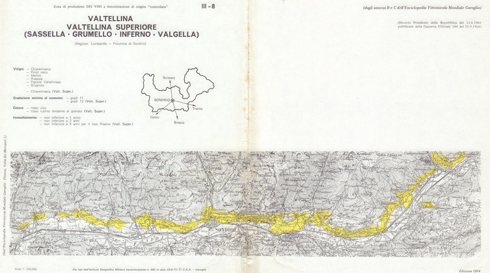 Italy wine. Valtellina DOC. Valtellina Superiore. Lombardia. Sondrio 1976 map