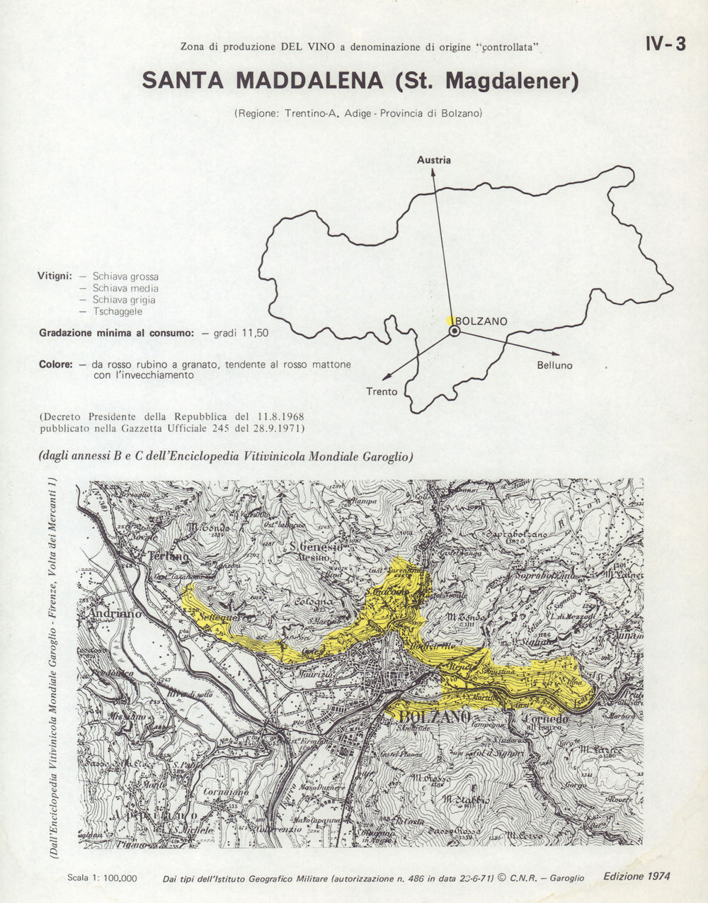 Italy wine. Santa Maddalena DOC. St. Magdalener. Trentino Adige Bolzano 1976 map