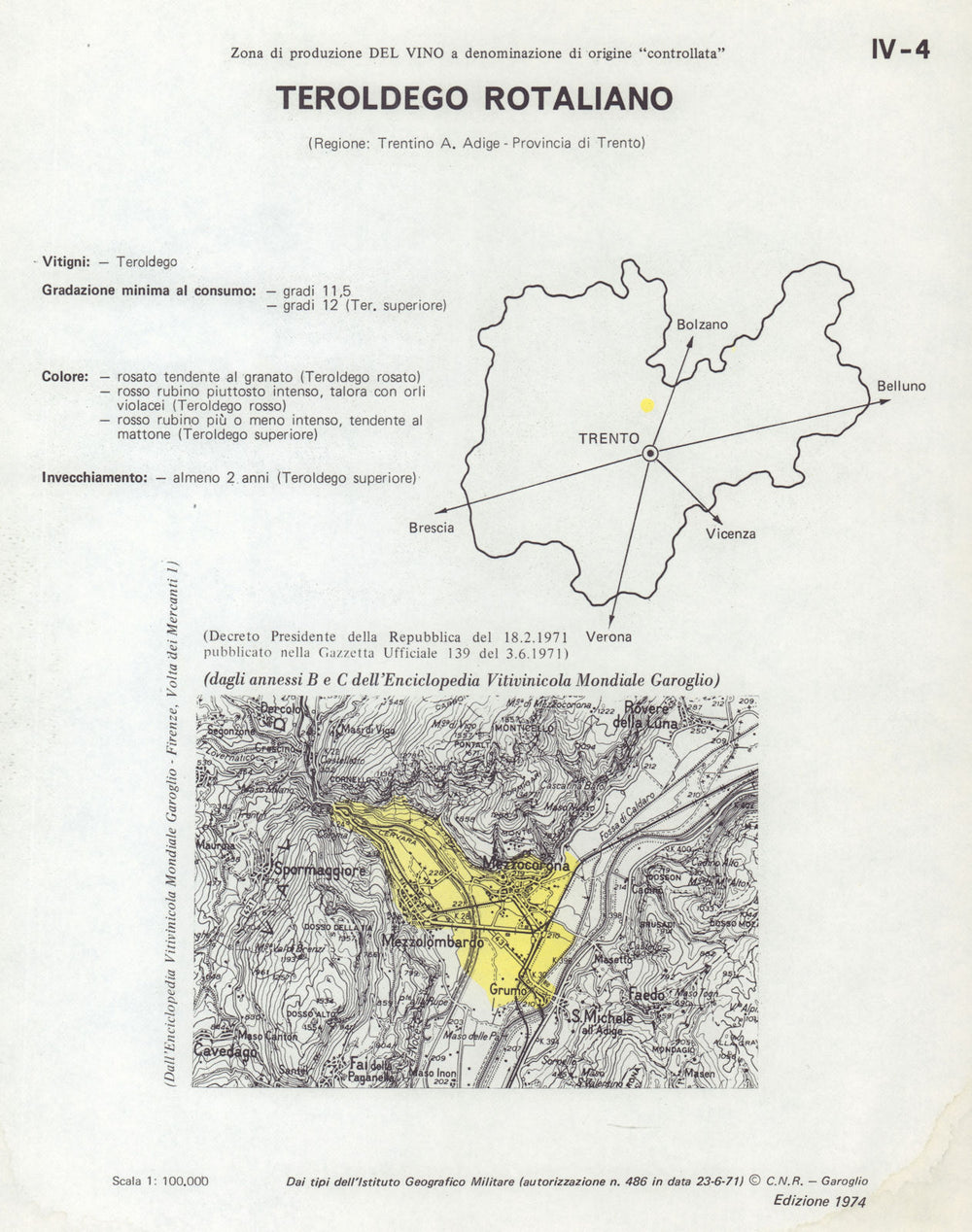 Italy wine. Teroldego Rotaliano DOC. Trentino Alto Adige. Trento 1976 map