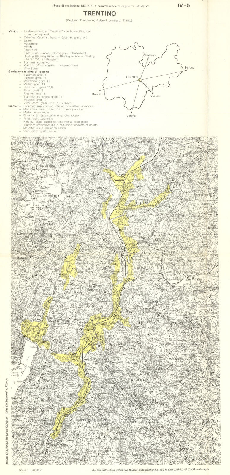 Italy wine. Trentino DOC. Trentino Alto Adige. Trento 1976 old vintage map