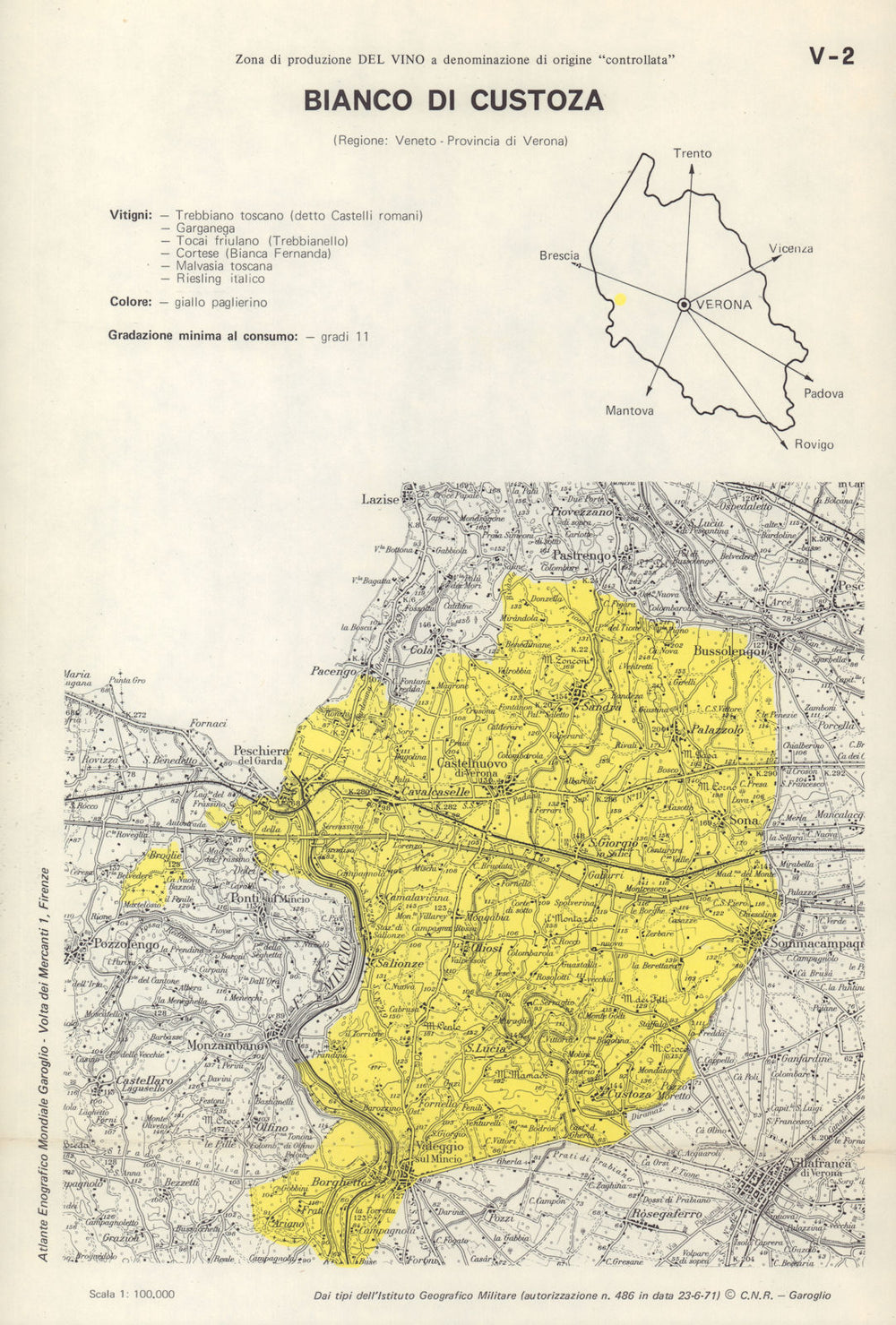 Italy wine. Bianco di Custoza DOC. Veneto. Verona 1976 old vintage map chart