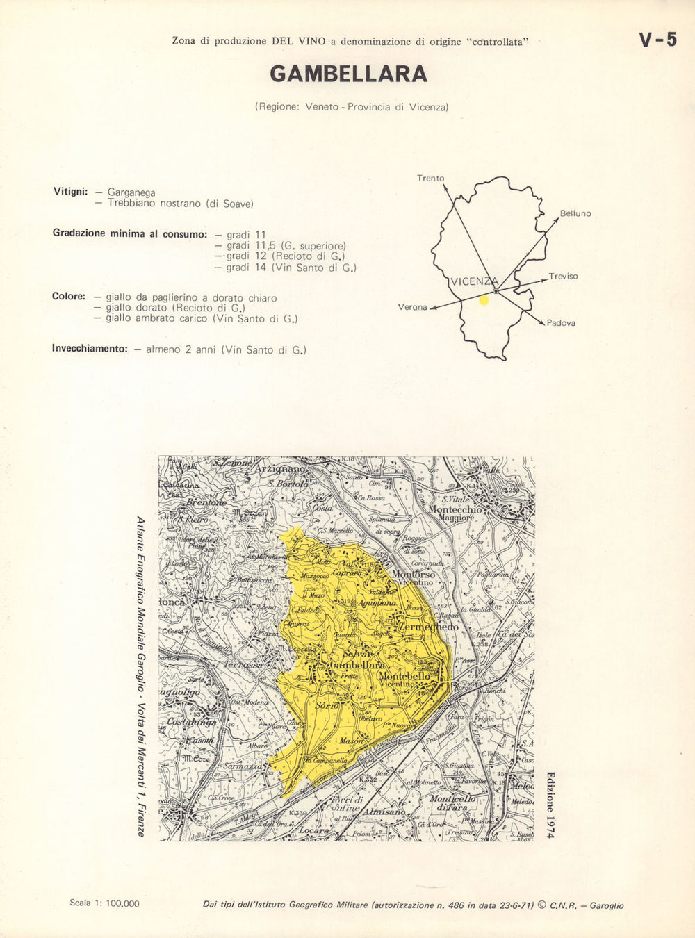 Italy wine. Gambellara DOC. Veneto. Vicenza 1976 old vintage map plan chart