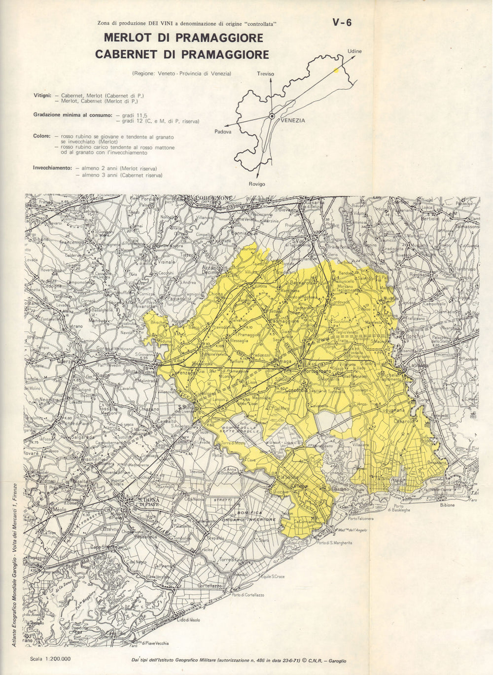 Italy wine. Merlot & Cabernet di Pramaggiore DOC. Veneto. Venezia 1976 old map