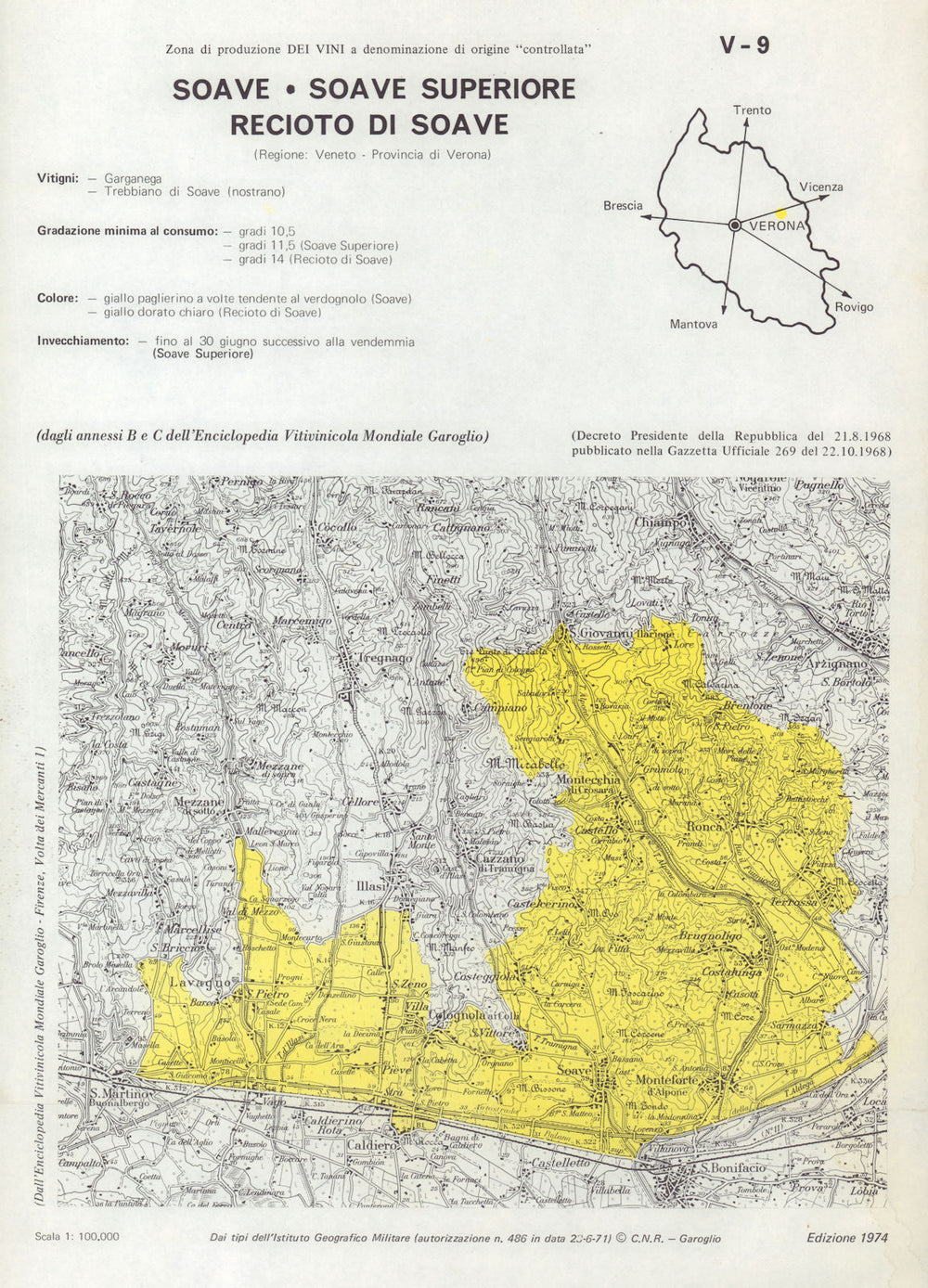 Italy wine. Soave Soave Superiore Recioto di Soave DOC. Veneto. Verona 1976 map