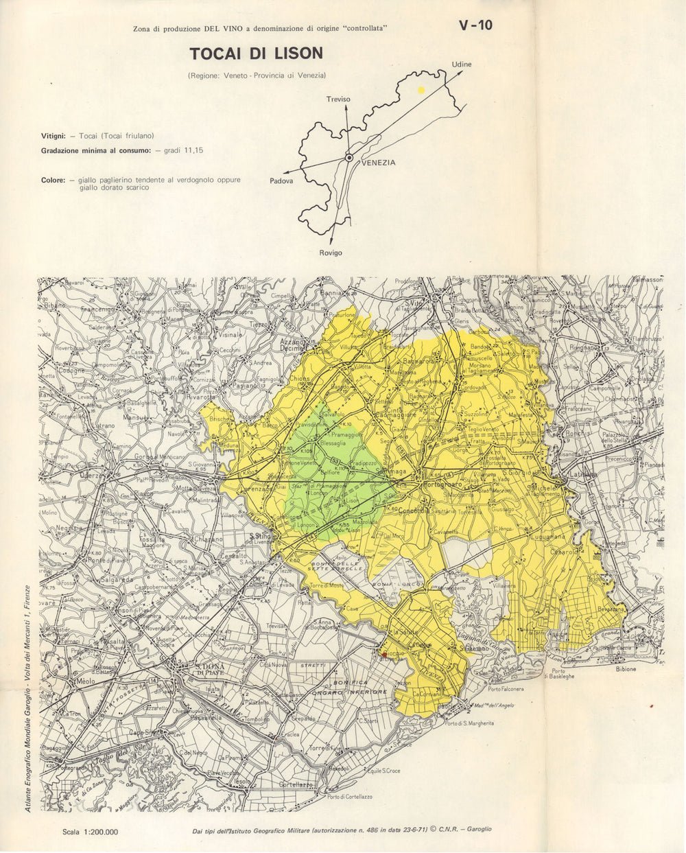 Italy wine. Tocai di Lison DOC. Veneto. Venezia 1976 old vintage map chart