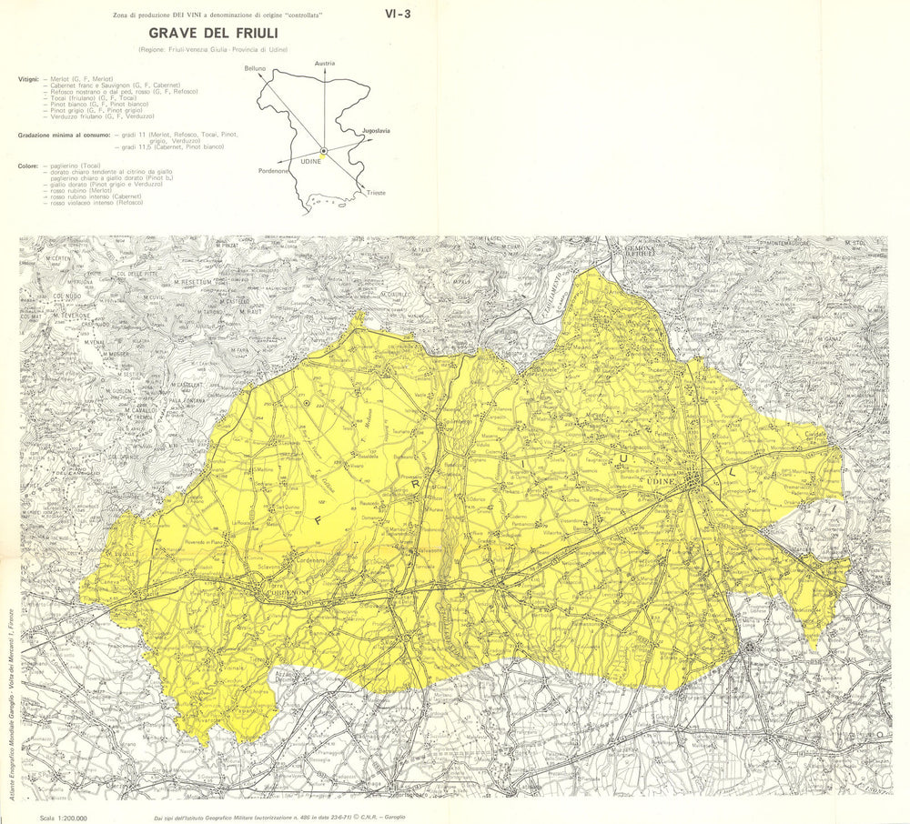 Italy wine. Grave del Friuli DOC. Friuli-Venezia Giulia. Udine 1976 old map