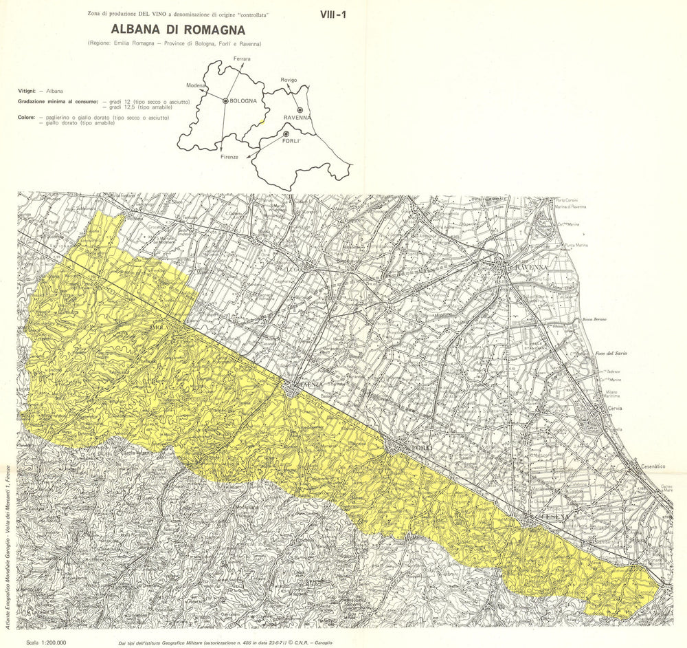 Italy wine. Albana di Romagna DOC. Emilia Romagna Bologna Forli Ravenna 1976 map