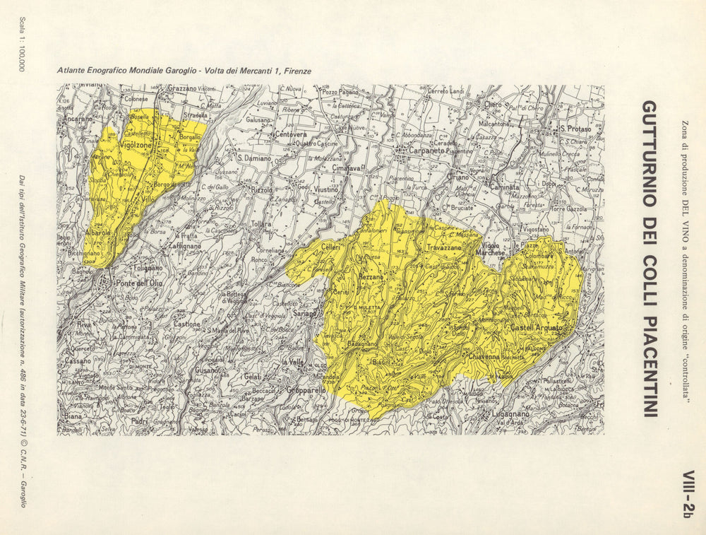 Italy wine. Gutturnio dei Colli Piacentini DOC. Emilia Romagna Piacenza 1976 map