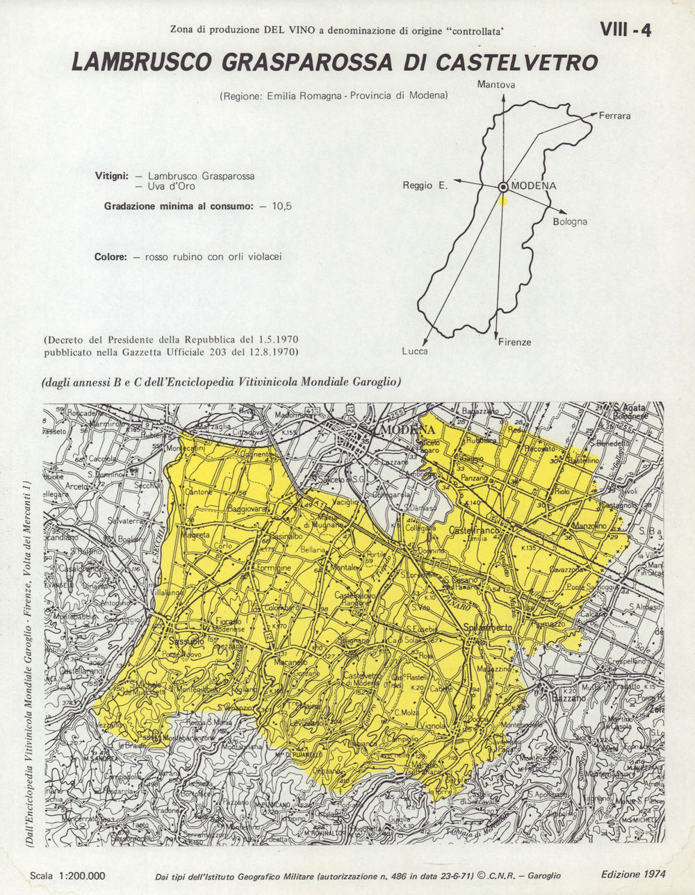 Italy wine. Lambrusco Grasparossa di Castelvetro DOC. Modena 1976 old map