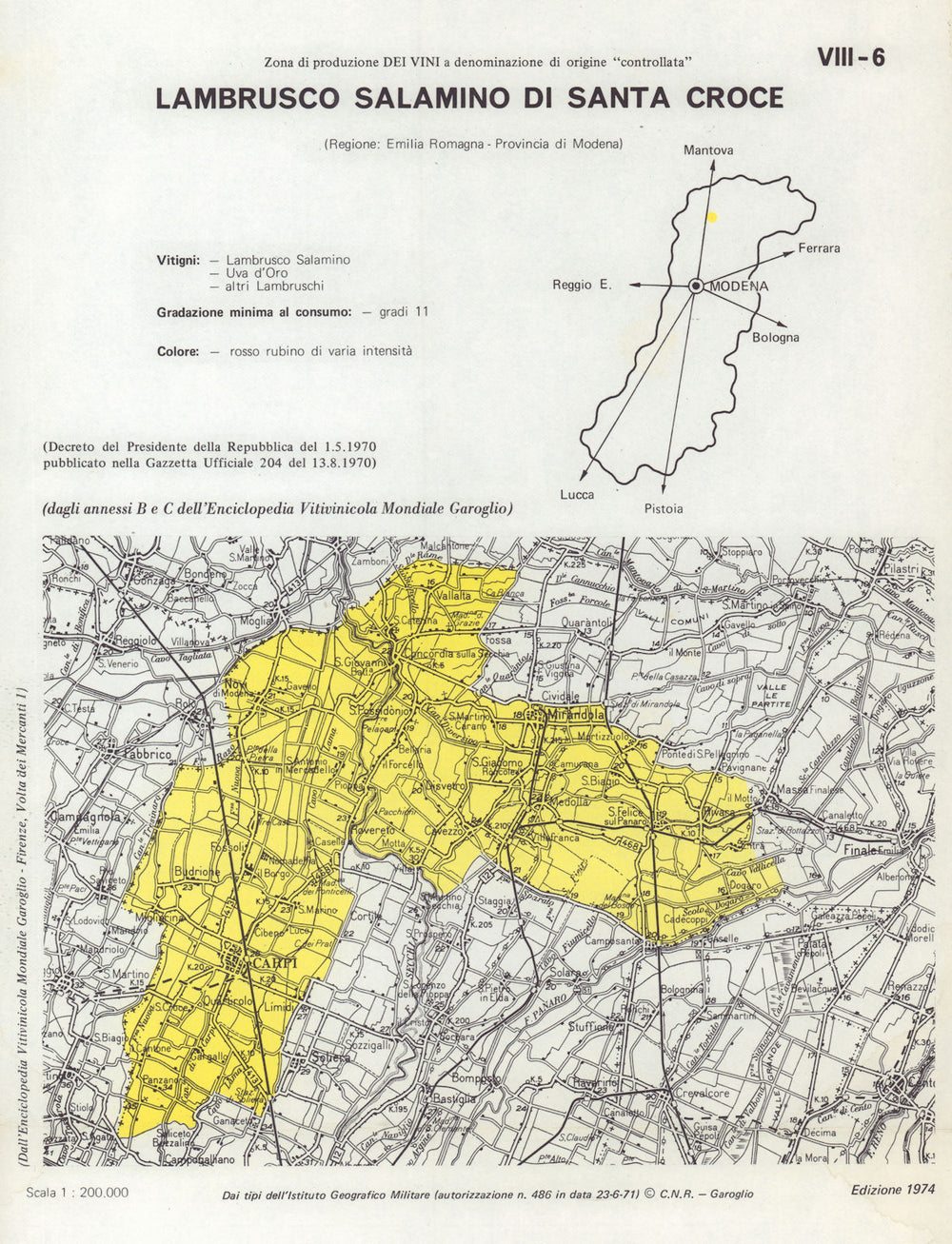 Italy wine. Lambrusco Salamino di Santa Croce DOC Emilia Romagna Modena 1976 map