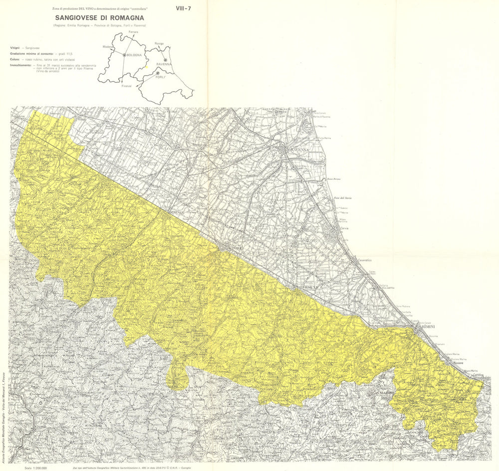 Italy wine. Sangiovese di Romagna DOC. Emilia. Bologna, Forli e Ravenna 1976 map